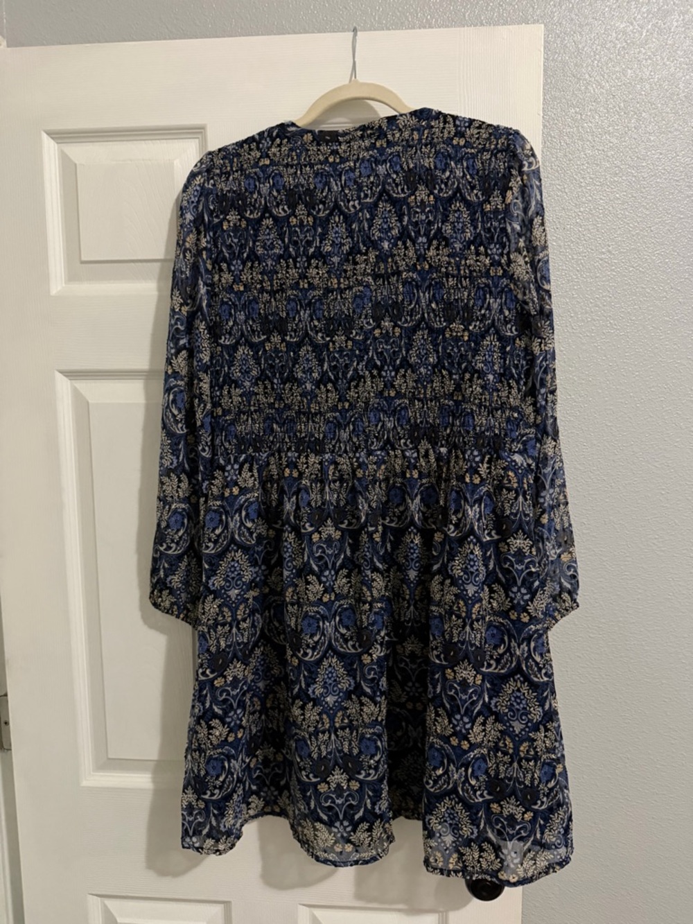 LOFT Navy Blue Floral Long-Sleeve Smocked Dress